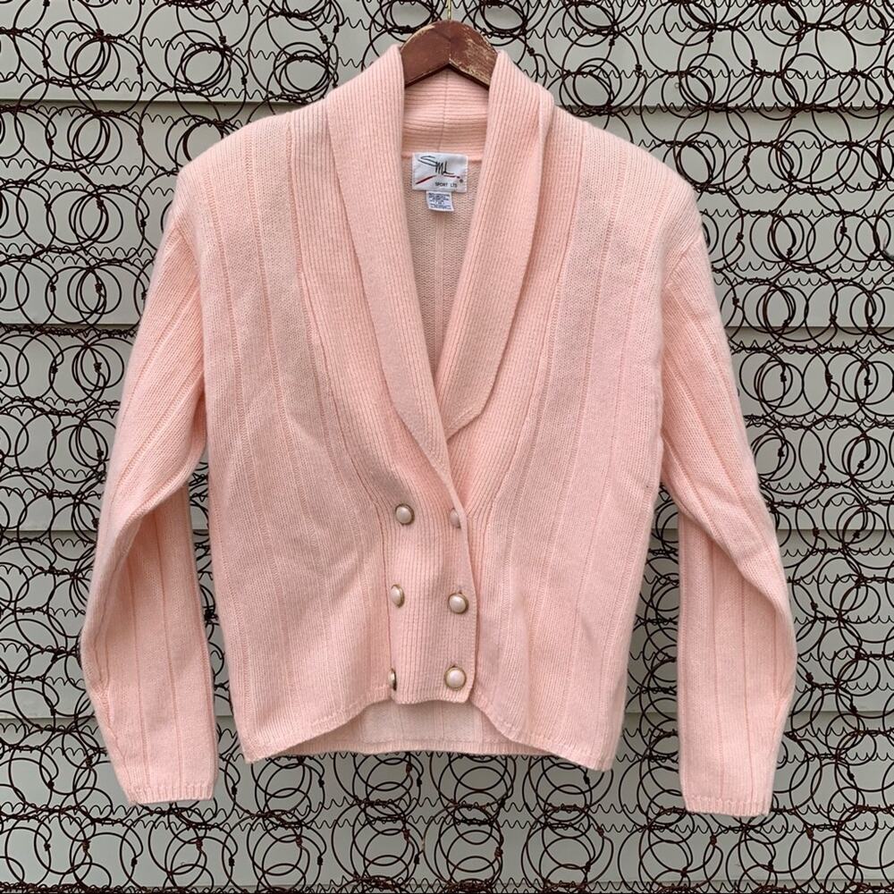 Vintage 90s pastel pink double breasted cardigan sweater smoking jacket MEDIUM